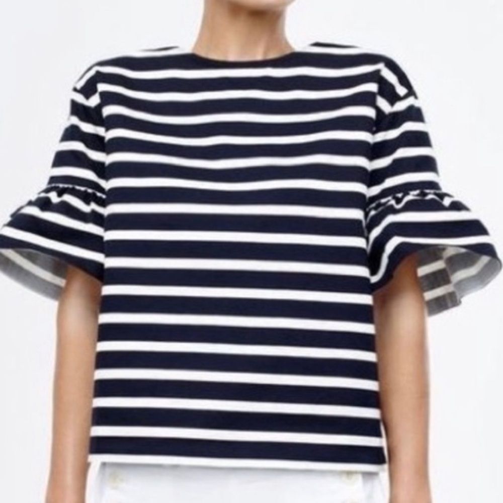 J.Crew	Women's Black and White Striped Bell Ruffle Sleeve Boatneck Blouse